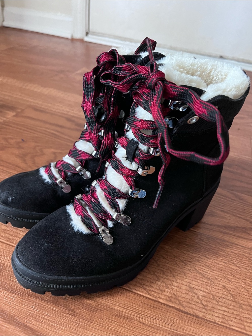Women's Black Faux-Shearling Lace-Up Ankle Boots with Red Accent Laces